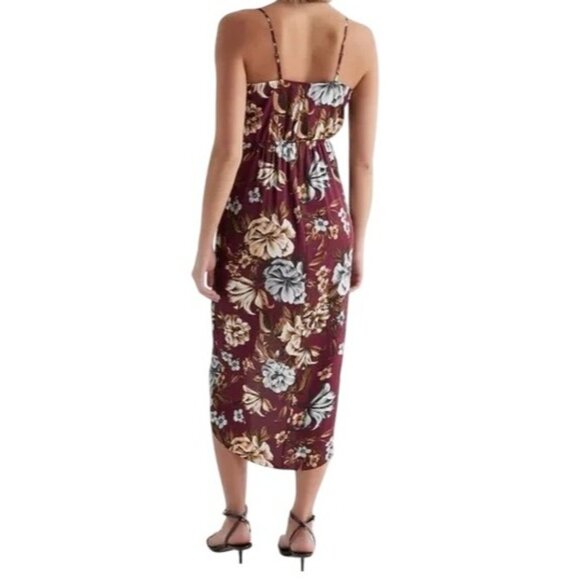 Express Size M Floral Burgundy Satin Midi Dress Cowl Neck Hi-Lo Beachy Whimsy - Picture 4 of 12